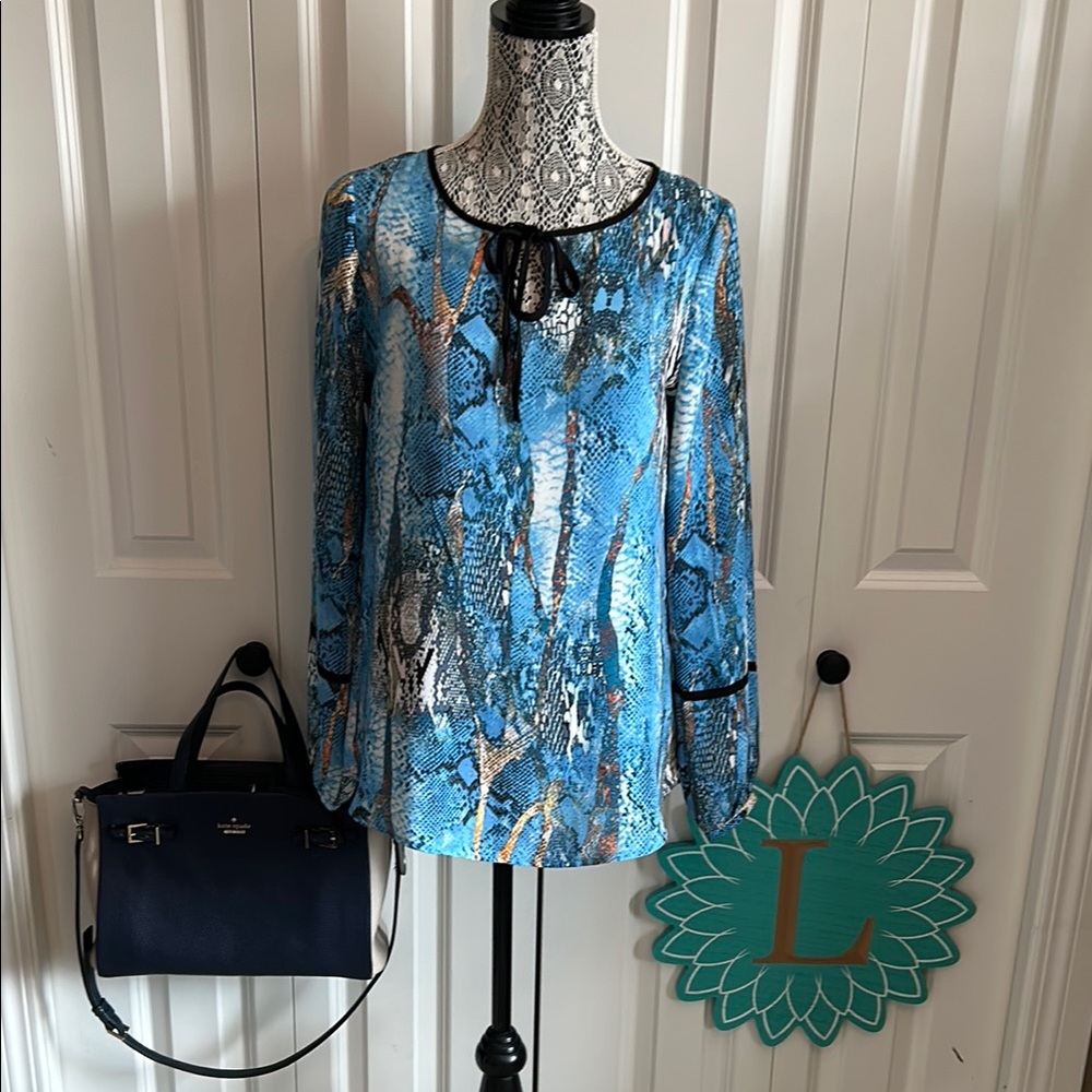 Blue and White Bell Sleeve Blouse with Tie Front
